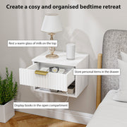 Set of 2 Wall Mounted Bedside Tables with Fluted Drawer and Shelf Ideal for Bedrooms White