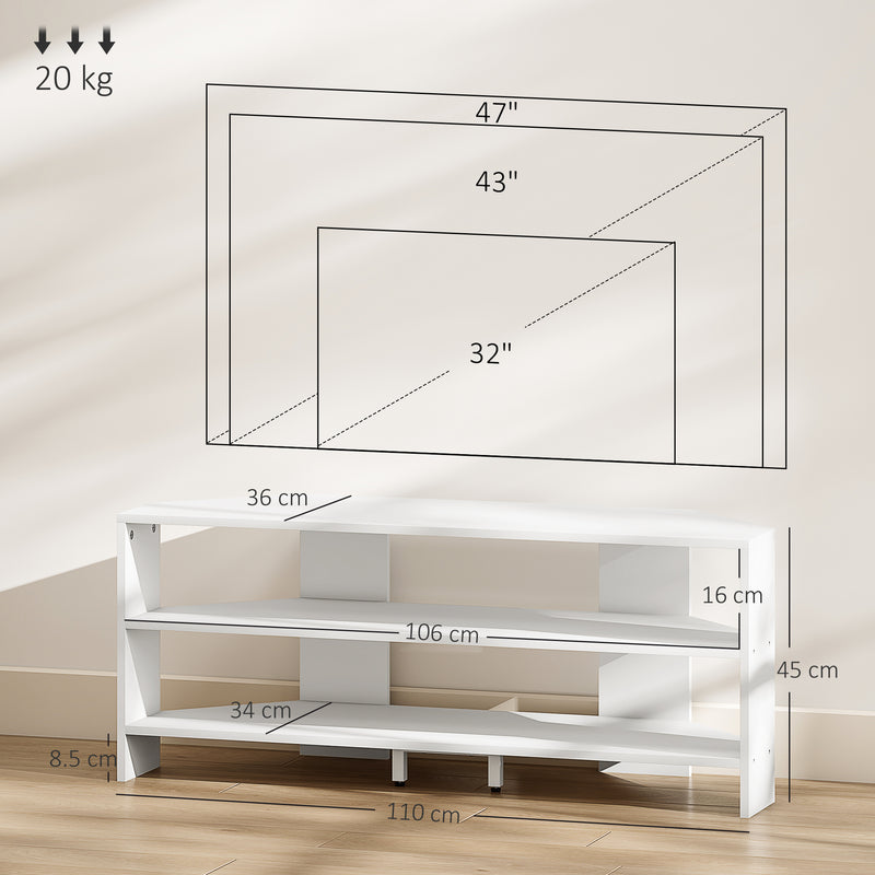 White Corner TV Stand for 47 Inch TV with 2 Open Shelves Ideal for Small Spaces
