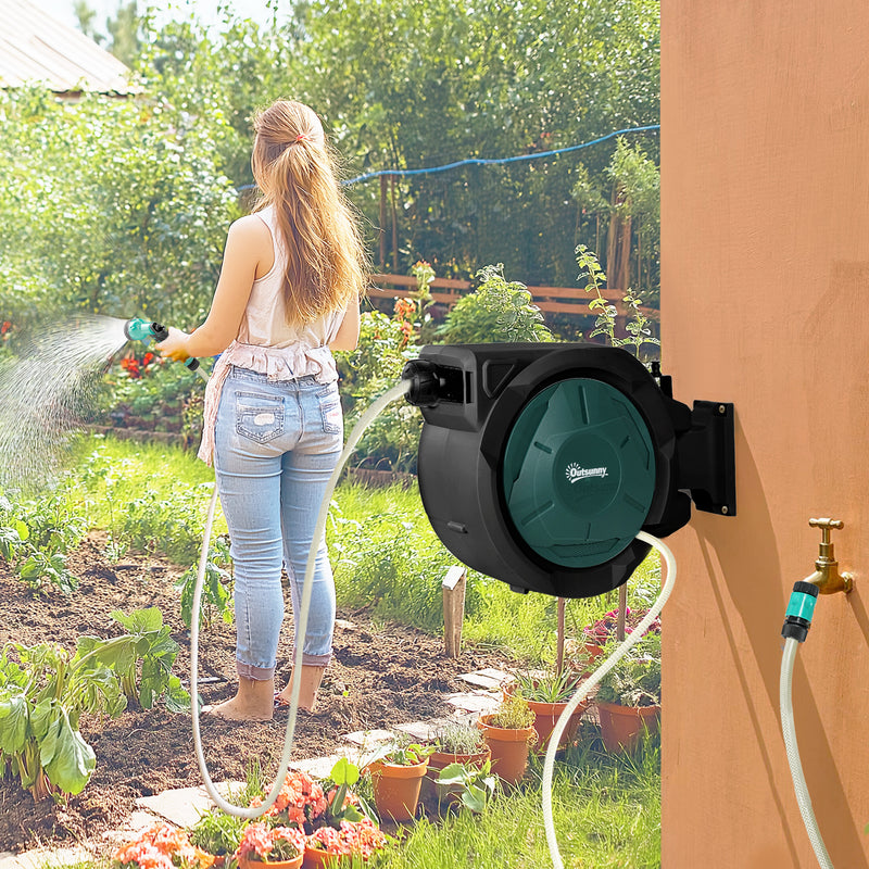 Wall Mounted 30m Retractable Garden Hose Reel With Auto Rewind and Spray Nozzle Green Outsunny
