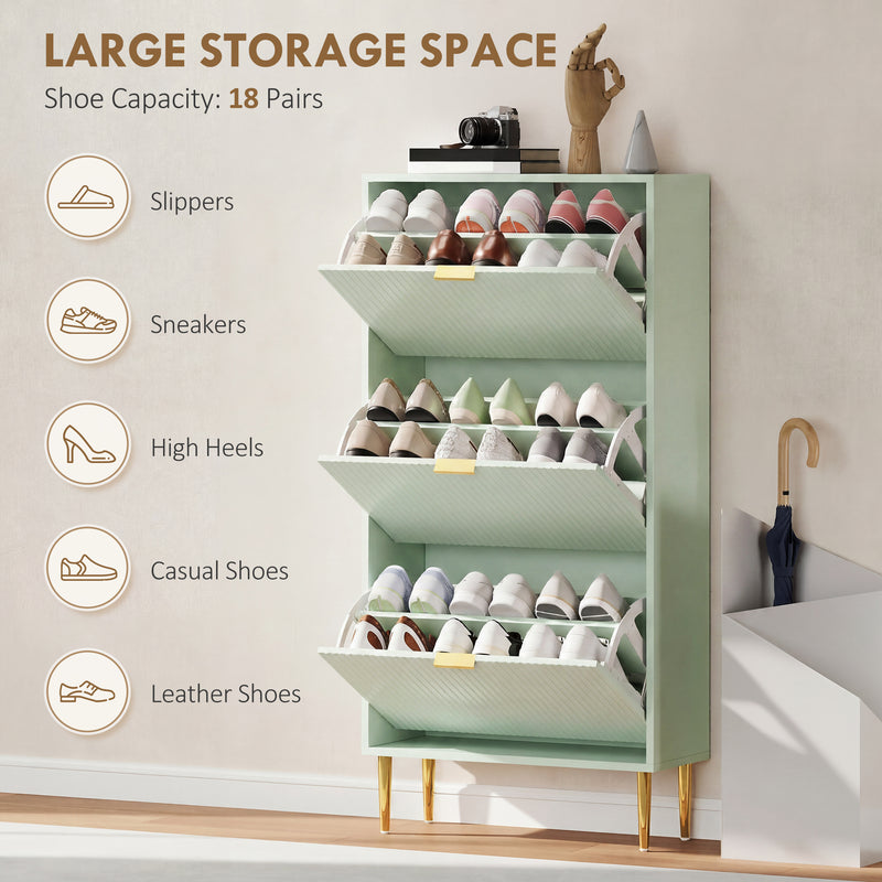Slim Shoe Cabinet for Hallway Organisation with Flip Drawers and Adjustable Shelves Light Green