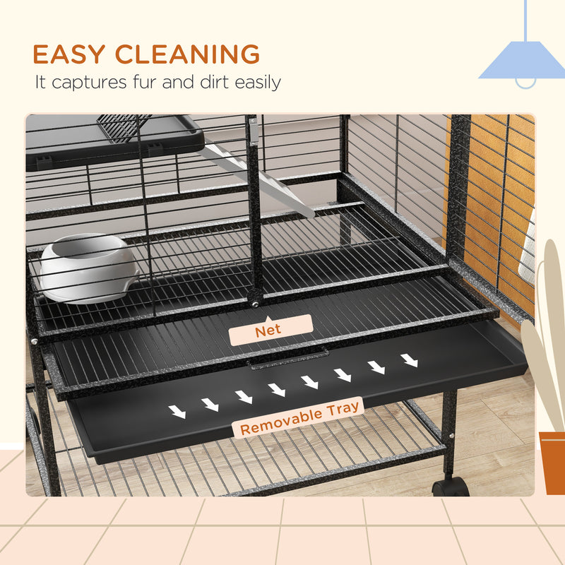 Rolling Small Animal Cage with Storage Shelf and Accessories for Ferrets or Chinchillas, Grey