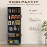 Freestanding Kitchen Pantry Cabinet with Adjustable Shelves for Storage, Grey Wood Effect