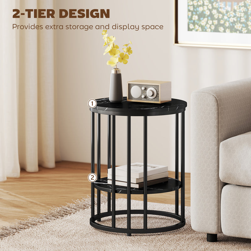 Round Coffee Tables for Living Room Set of 2 - Black Marble Effect Tops