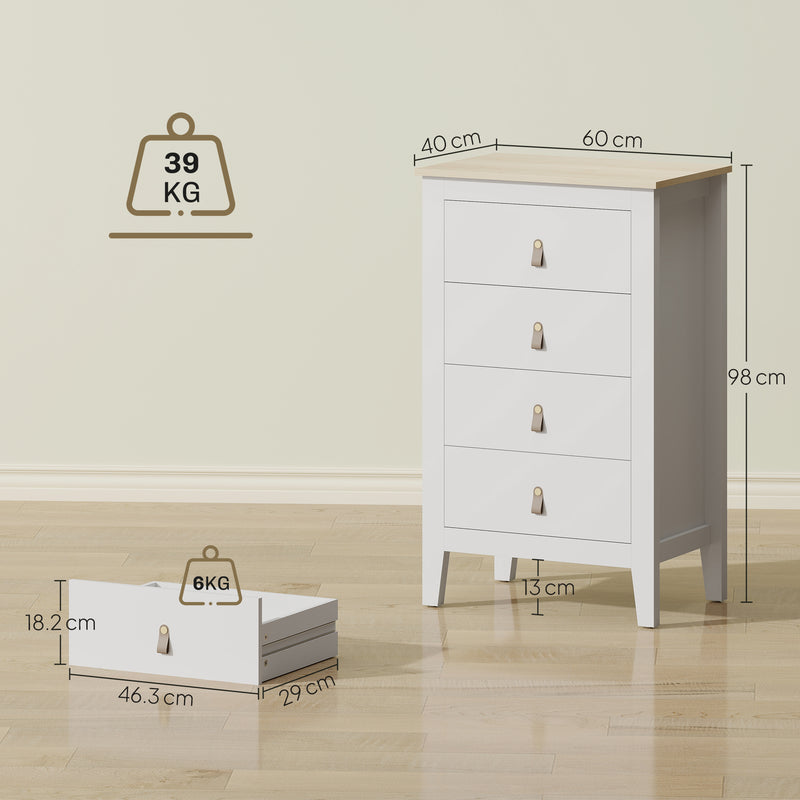 4 Drawer Chest of Drawers with PU Leather Handles and Smooth Metal Runners, White