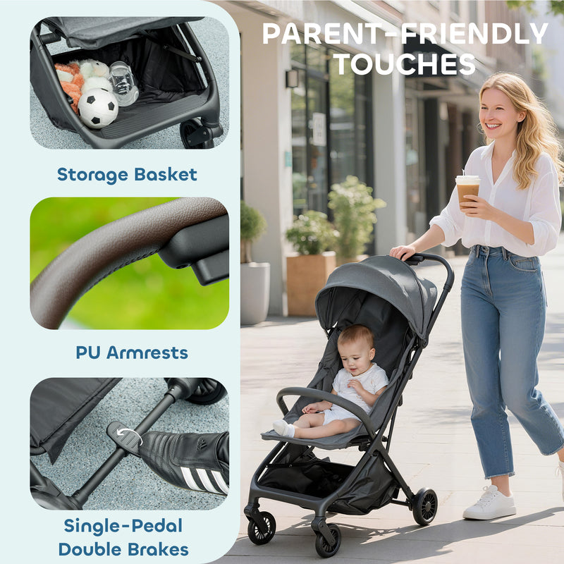 Lightweight Foldable Baby Stroller with Adjustable Seat and Canopy Ideal for Travel Dark Grey AOSOM
