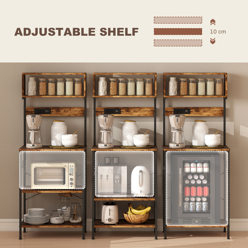 Kitchen Storage Rack with Power Outlet USB Ports Adjustable Shelves and Hooks Rustic Brown