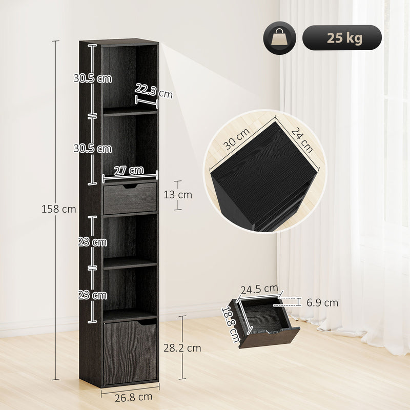 Tall Narrow 6 Tier Bookcase with Drawer and Cupboard for Home Storage Black AOSOM