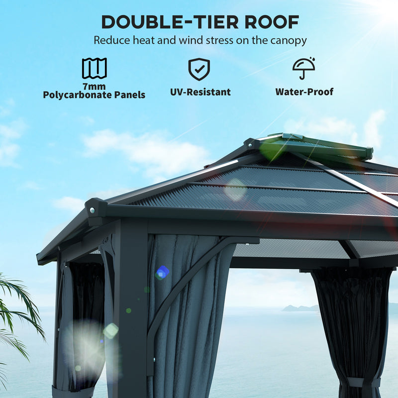 3m x 3m Hardtop Garden Gazebo with Polycarbonate Roof and Netting Dark Grey by Outsunny