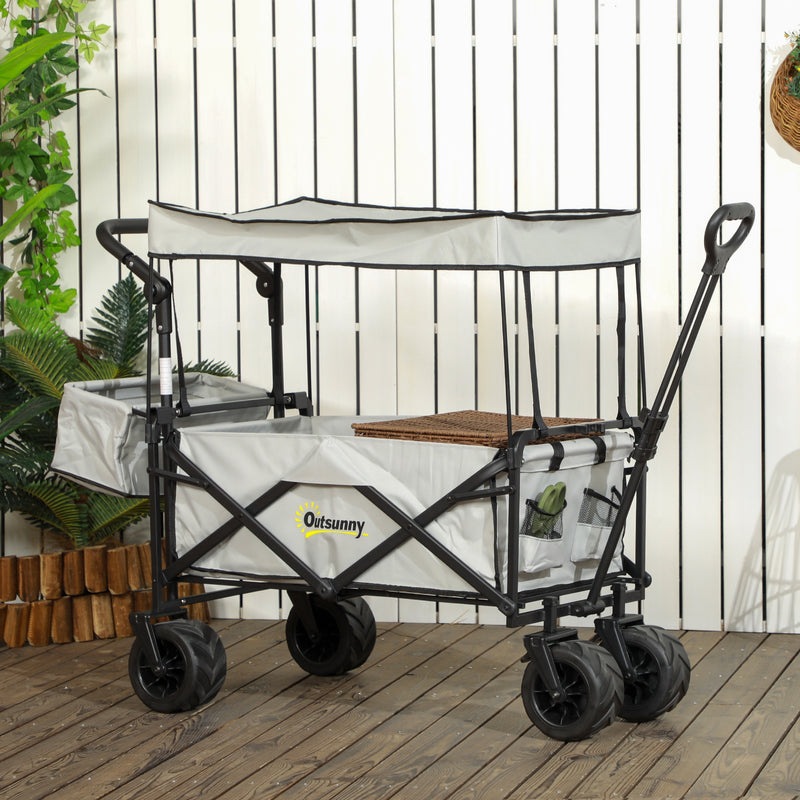 Grey Folding Camping Trolley Wagon With Canopy And Handle For Beach Or Garden Use