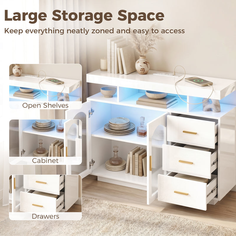 Sideboard with Flexible Storage and Built In Power Hub for Living or Dining Room White