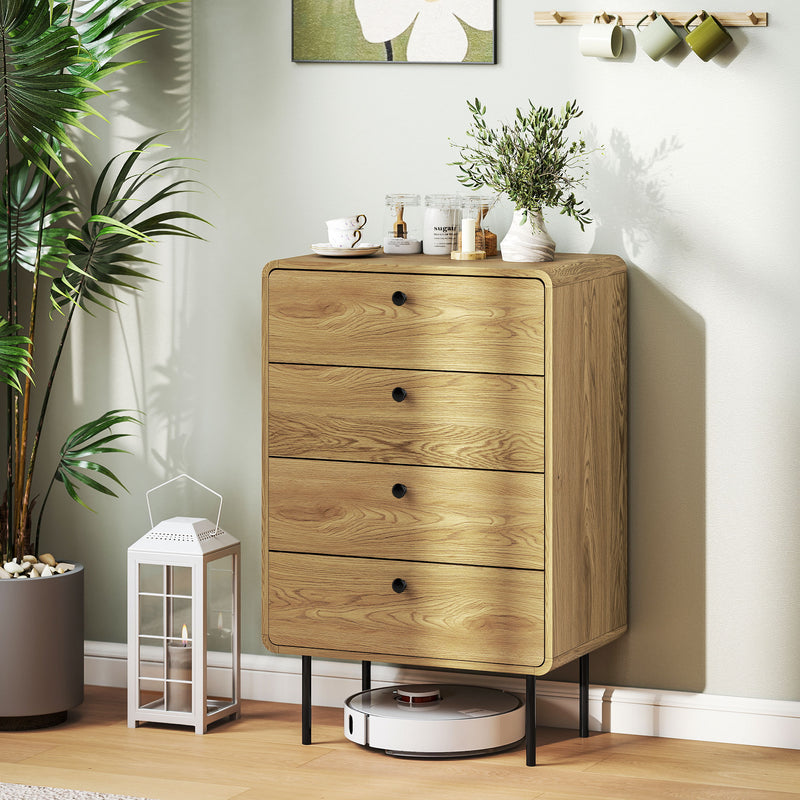 Modern Chest of 4 Drawers for Bedroom Storage with Sleek Design With Curved Edges, Oak Effect