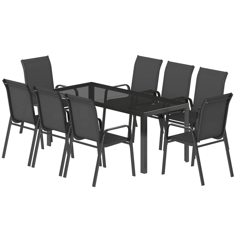 8 Seater Garden Dining Set with Large Rectangular Black Glass Table and Weatherproof Stackable Chairs Outsunny