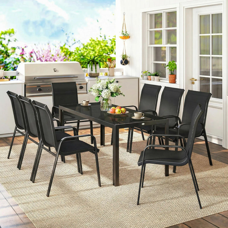 8 Seater Garden Dining Set with Large Rectangular Black Glass Table and Weatherproof Stackable Chairs Outsunny