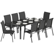 8 Seater Garden Dining Set with Large Rectangular Black Glass Table and Weatherproof Stackable Chairs Outsunny