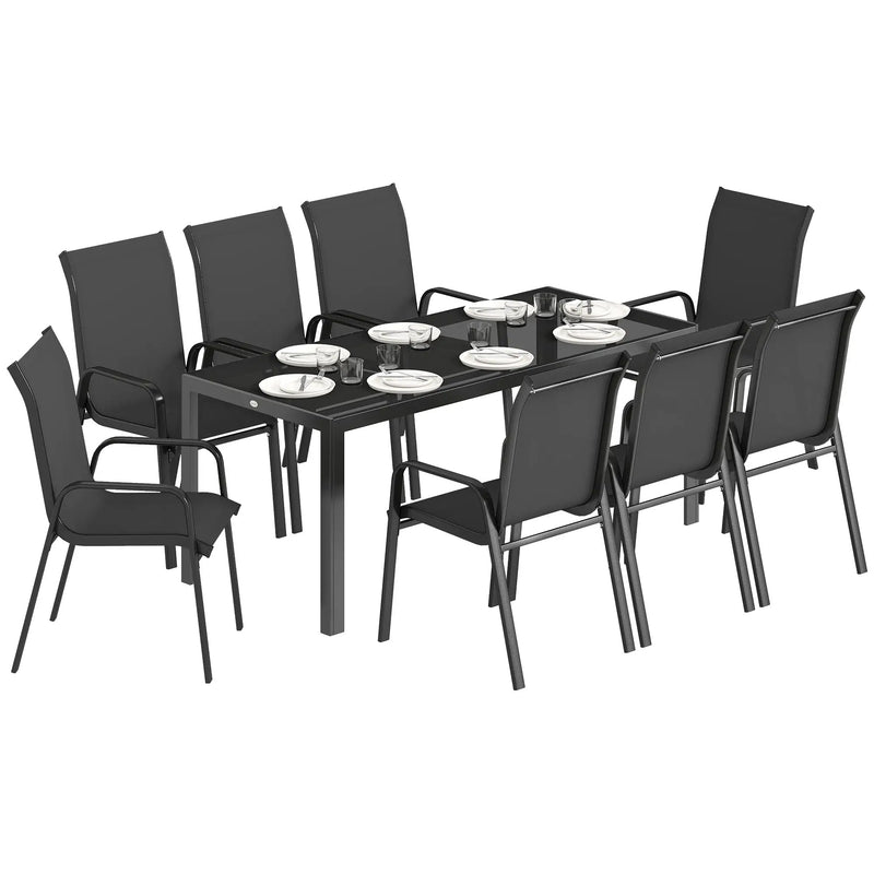 8 Seater Garden Dining Set with Large Rectangular Black Glass Table and Weatherproof Stackable Chairs Outsunny