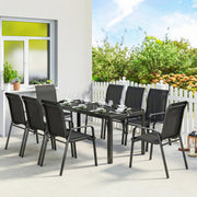 8 Seater Garden Dining Set with Large Rectangular Black Glass Table and Weatherproof Stackable Chairs Outsunny