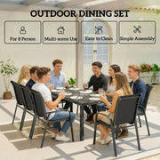 8 Seater Garden Dining Set with Large Rectangular Black Glass Table and Weatherproof Stackable Chairs Outsunny