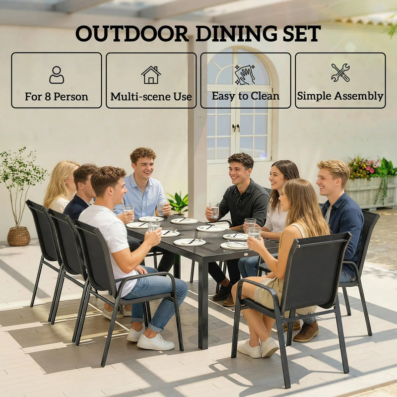 8 Seater Garden Dining Set with Large Rectangular Black Glass Table and Weatherproof Stackable Chairs Outsunny