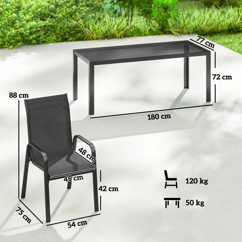 8 Seater Garden Dining Set with Large Rectangular Black Glass Table and Weatherproof Stackable Chairs Outsunny