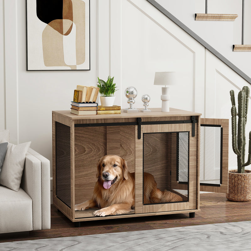 Large Dog Crate Furniture with Sliding Door Wooden Pet Cage 98 x 60 x 78cm Walnut Brown by PawHut