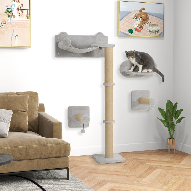 Light Grey 4 Piece Cat Wall Shelves with Scratching Post Ladder Steps and Toys for Indoor Cats by PawHut