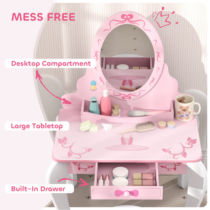 Pink Kids Dressing Table Set with Stool Mirror Drawer and Ballet Theme by AIYAPLAY