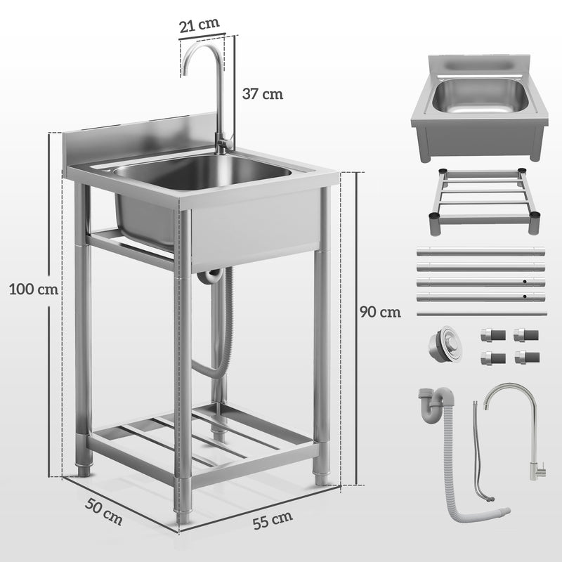 Silver Outdoor Utility Sink with Hot Cold Water Pipes and Shelf for Garage or Laundry by Outsunny