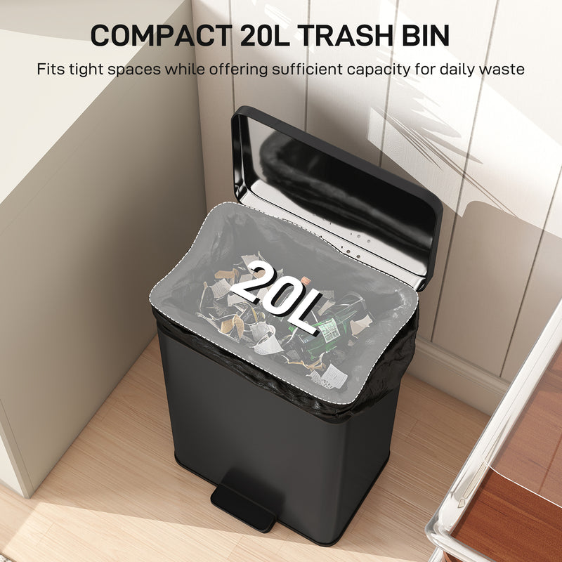20L Pedal Kitchen Bin with Soft Close Lid and Removable Inner Bucket Matte Black AOSOM