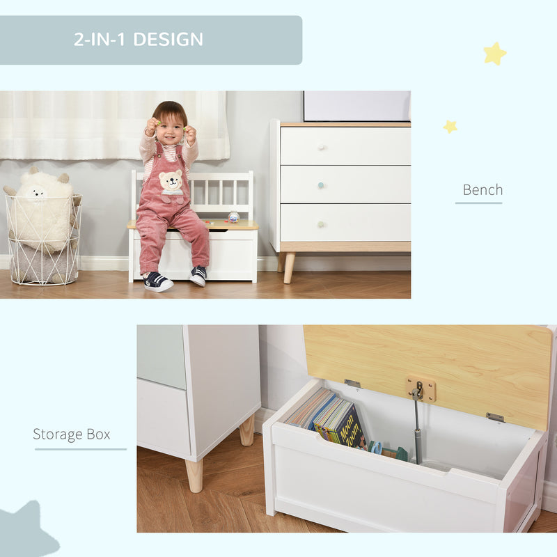 Wooden Toy Storage Bench with Safety Lid Doubles as Seat and Organiser, White