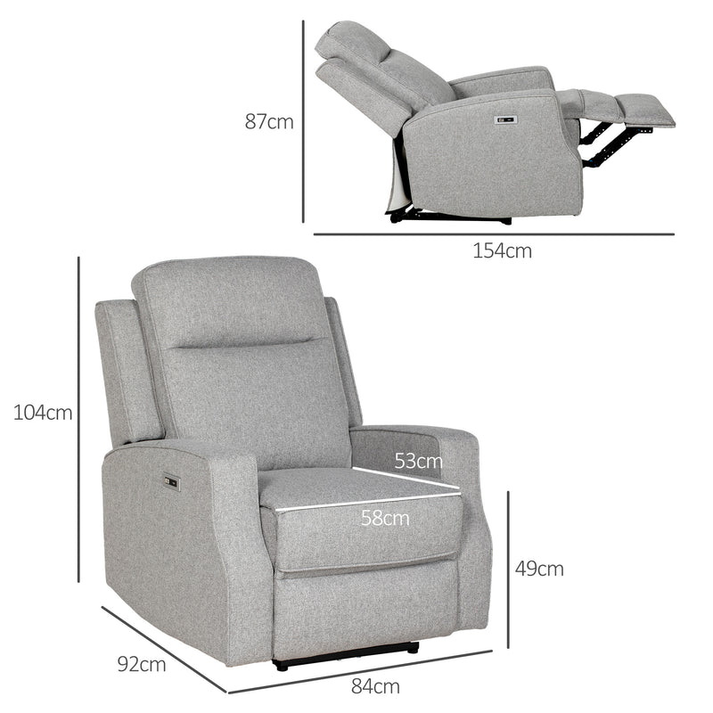 Electric Reclining Armchair with USB Charging Port and Footrest for Relaxing Grey