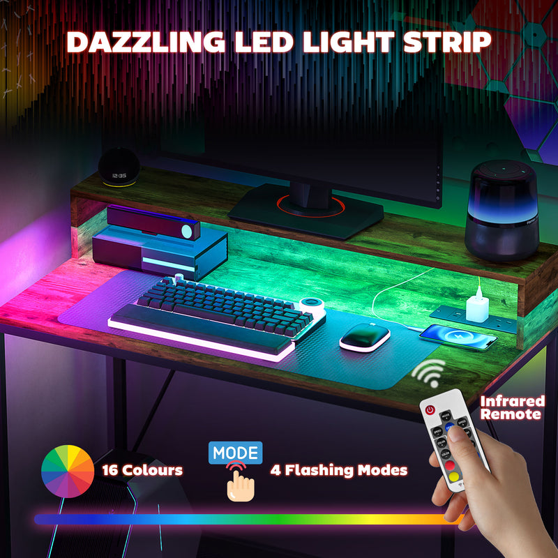 100cm Gaming Desk with LED Lights and Power Outlets Rustic Brown by HOMCOM