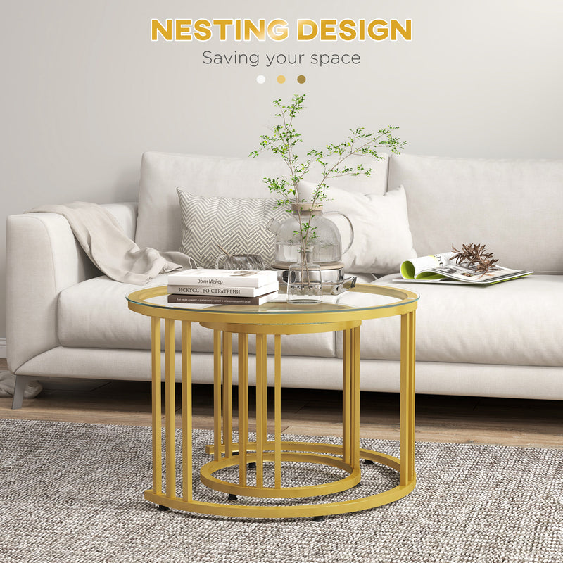 Set of 2 Nesting Round Coffee Tables with Tempered Glass Tops for Living Room, Gold Tone