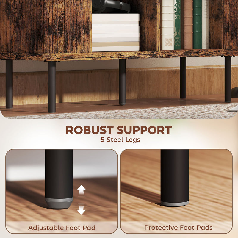 Mid Century Sideboard Storage Cabinet With Sliding Doors And Steel Legs For Kitchen, Rustic Brown