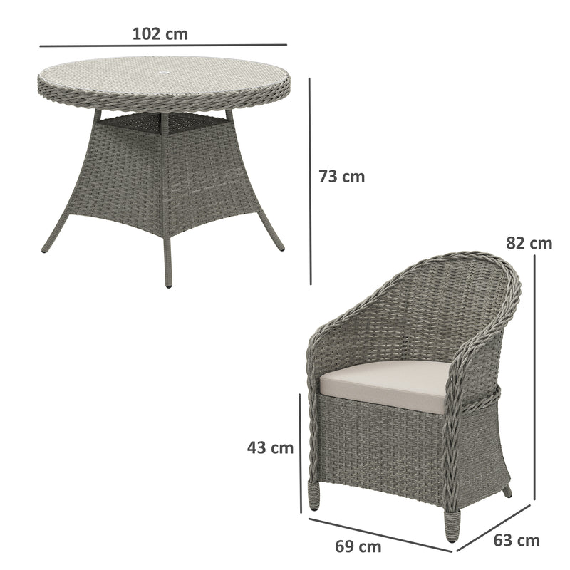 Grey 4 Seater Rattan Garden Dining Set With Cushions and Glass Top Table by Outsunny