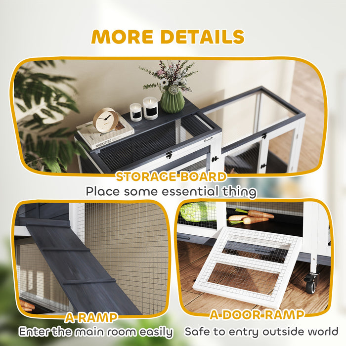 Wooden Rabbit Hutch with Run 2 Tier Guinea Pig Cage on Wheels 3 Trays 2 Openable Tops by PawHut