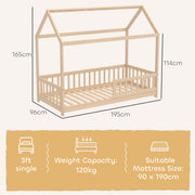 Wooden Kids House Bed Frame with Safety Guard Rails for Children Single Bed Natural AOSOM