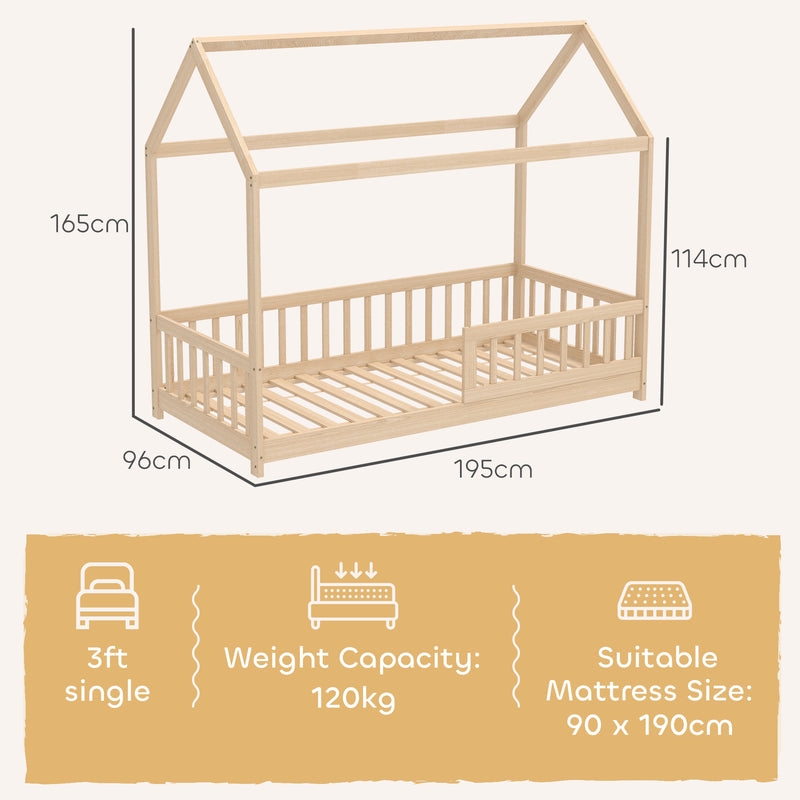 Wooden Kids House Bed Frame with Safety Guard Rails for Children Single Bed Natural AOSOM