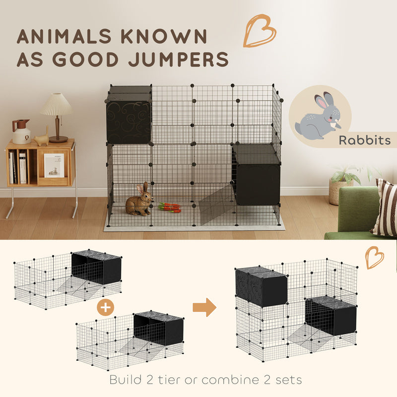 DIY Small Animal Cage with Elevated Huts for Guinea Pigs Rabbits and Hedgehogs Black by PawHut