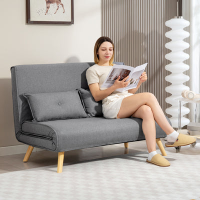 Two Seater Sofa Bed with Linen Look Fabric and Pull Out Design for Guest Rooms Grey