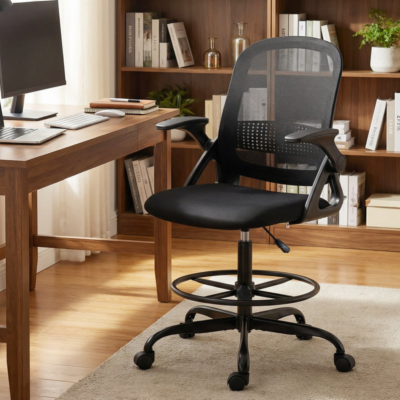 Adjustable Draughtsman Chair with Mesh Back and Flip-Up Arms for Home Office Black AOSOM