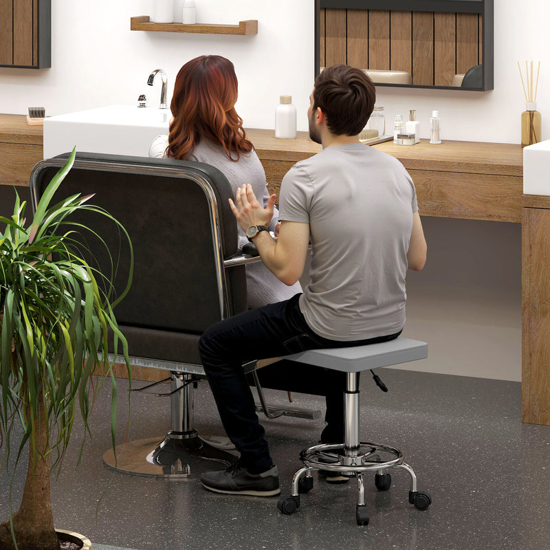 Grey Adjustable PU Leather Rolling Stool with Swivel and Wheels by HOMCOM