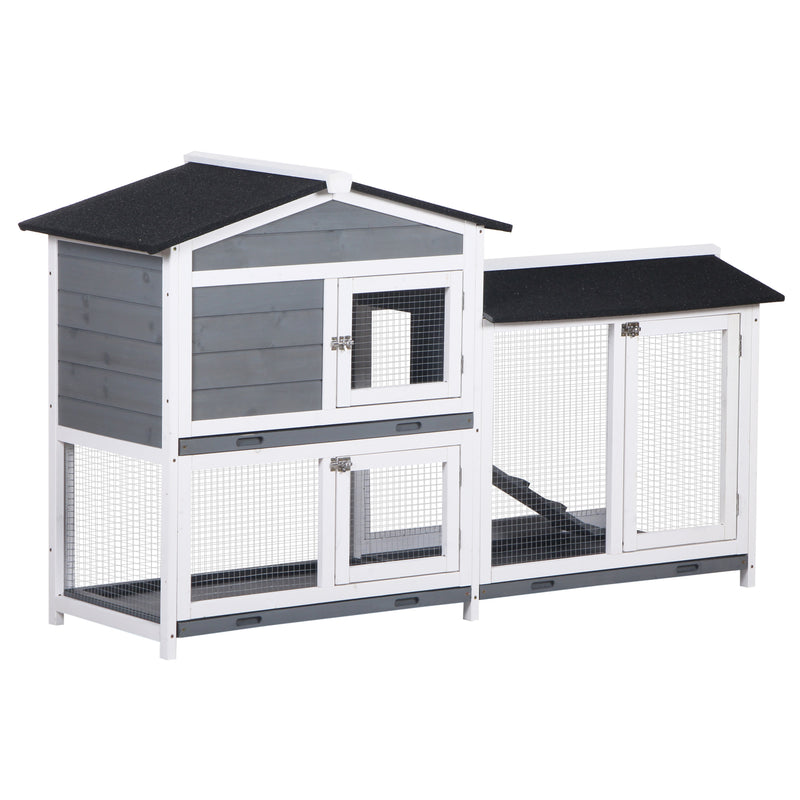 Two Tier Wooden Rabbit Hutch With Slide Out Tray And Ramp For Outdoor Use Grey