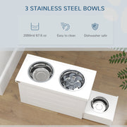 White Raised Dog Bowl Stand With Slow Feeder Mat Storage Cabinet and 3 Stainless Steel Bowls by PawHut