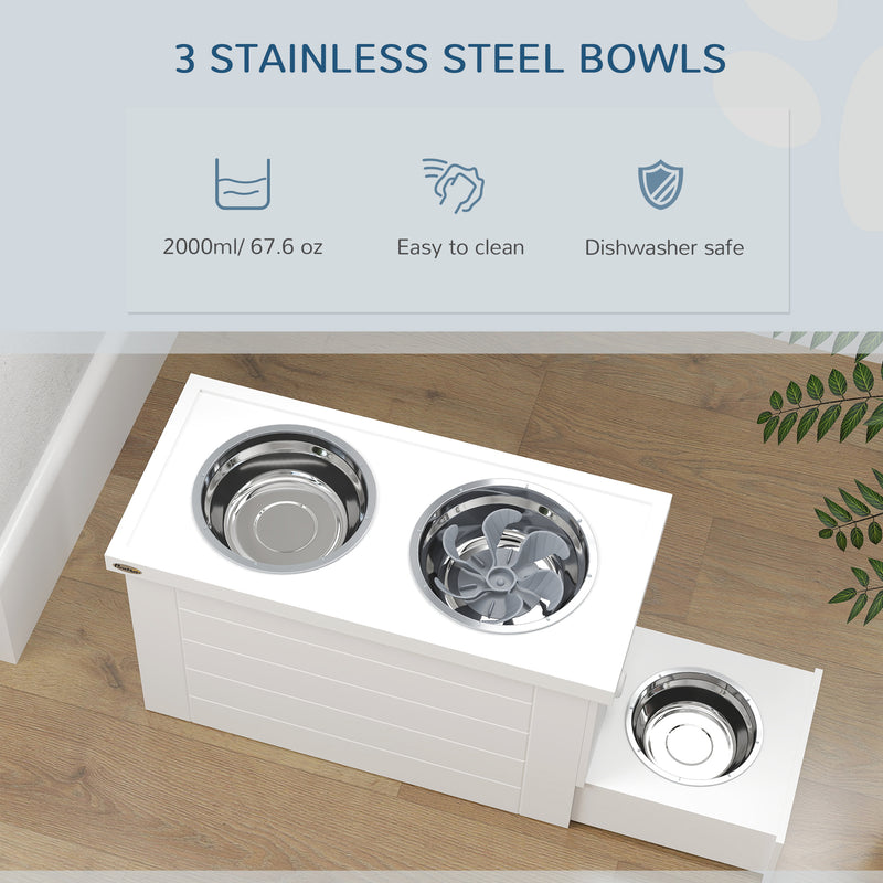 White Raised Dog Bowl Stand With Slow Feeder Mat Storage Cabinet and 3 Stainless Steel Bowls by PawHut