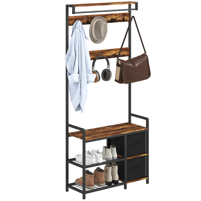 Industrial Style Hallway Coat Rack With Shoe Bench in Brown and Black by HOMCOM