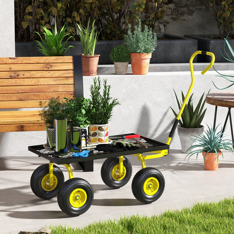 Heavy Duty Garden Trolley Cart with Metal Frame and Pneumatic Wheels Yellow by Outsunny