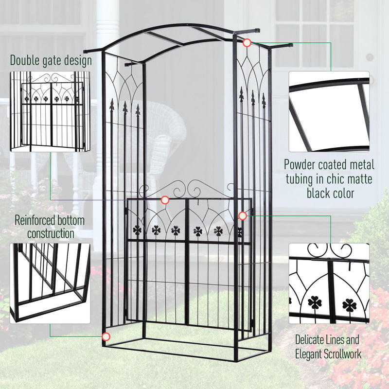 Metal Garden Arch with Gate for Climbing Plants and Roses Outdoor Arbour, Black