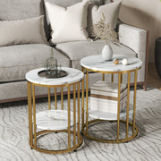 Set of Two White Marble Effect Coffee Tables with Gold Tone Legs by HOMCOM