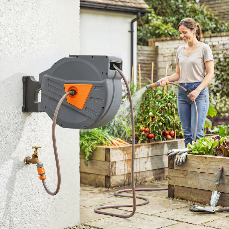 Retractable Garden Hose Reel With 40m Tangle Free Hose for Easy Watering and Cleaning Orange Outsunny
