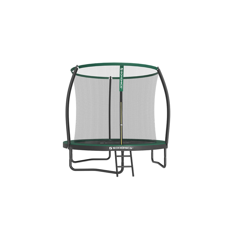 Studio shot of the 8ft green and black Songmics garden trampoline with safety enclosure net and ladder